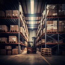 Modern Warehouse With Organized Cargo Shelves And Boxes