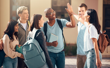university, friends and student high five of diversity, college and education group outdoor. student