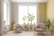 © Hadi Designs - Stylish Armchair and Diffrent Potted Plants, Big Window, Minimalist Interior Design
