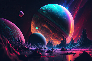 Fantastic planet, neon colors, magical lights in the galaxy. Generative AI.