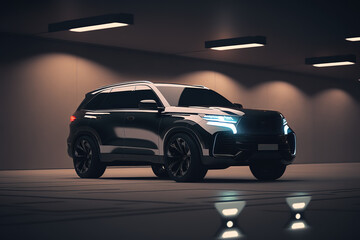 Fototapete - Modern car stands in the parking lot, front view. Sports car, futuristic autonomous vehicle. HUD car. Generative AI