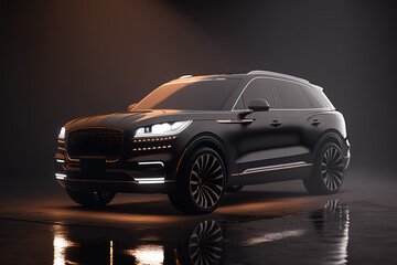 Poster - The car stands in a dark parking lot, side view. Sports car, futuristic autonomous vehicle. HUD car. Generative AI