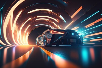 Leinwandbilder - A car drives through a tunnel in neon lights, rear view. Sports car, futuristic autonomous vehicle. HUD car. Generative AI