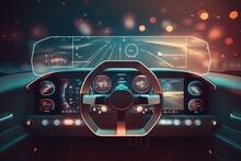 Car Interior, Neon Monitor, Steering Wheel And Controls, Rear View. Sports Car, Futuristic Autonomous Vehicle. HUD Car. Generative AI