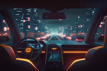 Aufkleber - Car interior, neon monitor, steering wheel and controls, rear view. Sports car, futuristic autonomous vehicle. HUD car. Generative AI