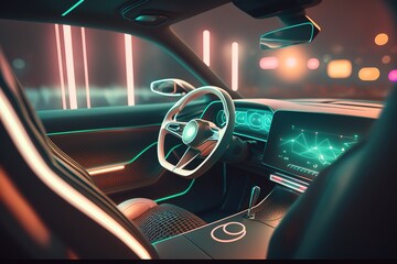 Aufkleber - Car interior, neon monitor, steering wheel and controls, side view. Sports car, futuristic autonomous vehicle. HUD car. Generative AI