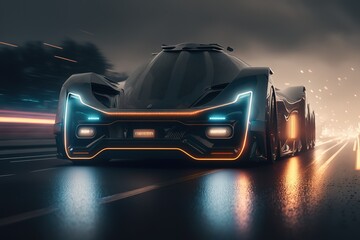 Aufkleber - The car rides through the night city, front view. Sports car, futuristic autonomous vehicle. HUD car. Generative AI