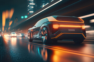 Poster - Sports car rides through the streets of the city, rear view. Sports car, futuristic autonomous vehicle. HUD car. Generative AI