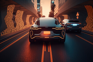 Poster - The car is driving around the city, rear view. Sports car, futuristic autonomous vehicle. HUD car. Generative AI