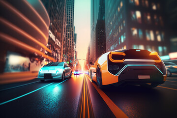 Poster - The car is driving around the city, rear view. Sports car, futuristic autonomous vehicle. HUD car. Generative AI