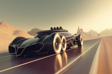 Poster - Car driving on sandy desert, front view. Sports car, futuristic autonomous vehicle. HUD car. Generative AI