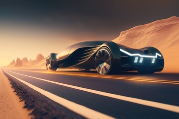 Poster - The car drives through the sandy desert, rear view. Sports car, futuristic autonomous vehicle. HUD car. Generative AI