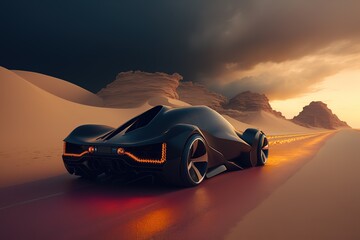 Poster - The car drives through the sandy desert, rear view. Sports car, futuristic autonomous vehicle. HUD car. Generative AI