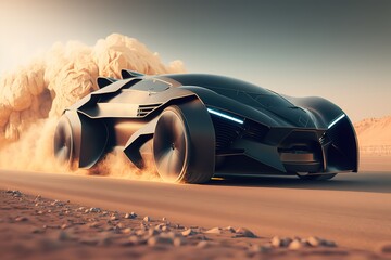 Poster - Car driving on sandy desert, front view. Sports car, futuristic autonomous vehicle. HUD car. Generative AI