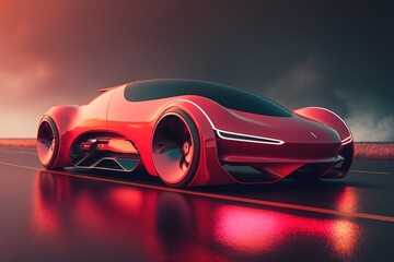 Sticker - Red car in neon lights, front view Sports car, futuristic autonomous vehicle. HUD car. Generative AI