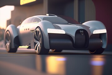 Poster - The car rides through the streets of the city, side view. Sports car, futuristic autonomous vehicle. HUD car. Generative AI