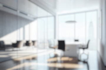 Wall Mural - blurred large modern office workspace in the morning , interior workplace with cityscape for busines