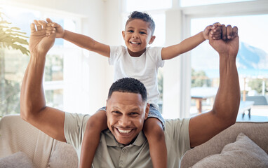 Poster - Portrait, father and son on shoulder, smile and happy being loving, bonding and playful together in lounge. Love, black dad and boy child with happiness, spend quality time and joyful in living room.