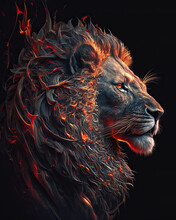 Generated Photorealistic Portrait Of A Fractal Lion In Fire And Sparks