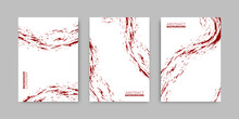 Blood Splatter Minimalistic White And Red Stain Poster Set. Bloodstain Brush Drawing Artistic Cover Collection. Vector Modern Illustration