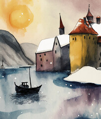 Wall Mural - Painting of a snowy Norway village with a boat in the water, ruined citadel on background, a watercolor painting Generative AI