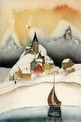 Wall Mural - Painting of a snowy Norway village with a boat in the water, ruined citadel on background, a watercolor painting Generative AI