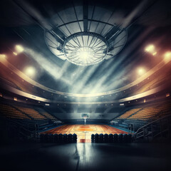 interior view of an illuminated basketball stadium. Illustration AI Generative