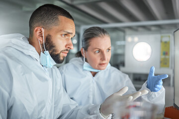 Fototapete - Laboratory, teamwork and hands with science worker in collaboration at pc screen. Scientist, focus and research in discussion to talk about data, information or analytics on computer at lab in ppe