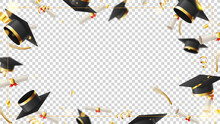 Decorative Banner For Graduation. 3d Falling Graduation Scrolls And Caps, Golden Confetti And Serpentine, Frame On Checkered Background. Vector Illustration For Decoration Social Media, Posters.