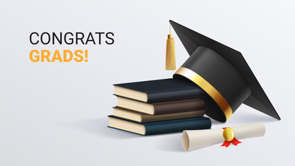 greeting banner for design of graduation. 3d graduation cap, books, and graduation scroll. congratul