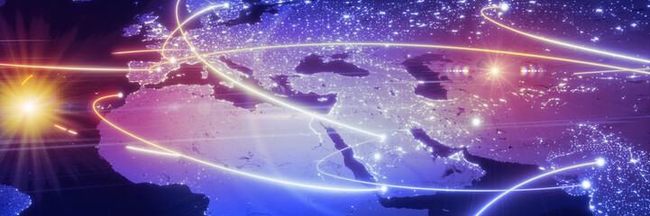 Wall Mural - Globalization and communication concept. Earth and luminous rays. 3d rendering