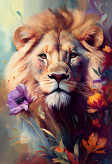 a charming portrait of a lion with a dynamic pose is depicted in this stunning oil painting. the lio