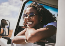 Black Woman, Happy Road Trip And Car Travel Of A Person Sitting In A Motor Ready For A Summer Vacation. Transport Traveling Of A Female From Jamaica With Happiness And Smile Feeling Fun In The Sun