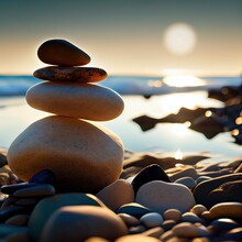 Pyramid Of Sea Pebbles On A Sunny Sand Beach. Life Balance And Harmony Concept. Stone, Rock, Balance. Generative Ai.