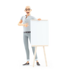 Wall Mural - 3d senior man pointing to wooden easel with blank canvas