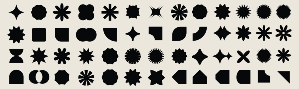 brutalist abstract geometric shapes. y2k geometric design element shapes. figures, stars, spiral flo