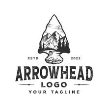 Arrowhead Logo With Mountain And Pine Tree Forest Vector Drawing, Handrawn, Vintage, Line Art Template On White Background