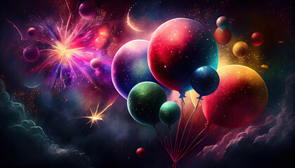 Wall Mural - Celestial Celebration: Fireworks in Space with Stars and Nebulae Created Using Generative Ai