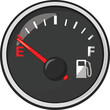 Fuel gauge indicates low fuel level. Vector illustration of classic gas tank indicator on car dashboard panel. 