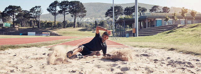 Canvas Print - Athlete long jump, sand and sports man training for France olympic competition, workout challenge or fitness exercise. Winner mindset, commitment and athletics person working on leg power performance