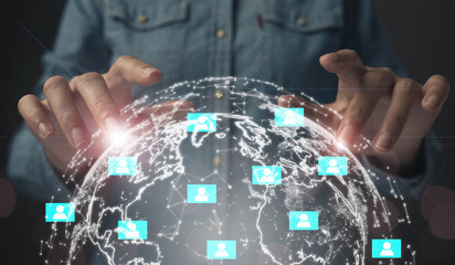Poster - The concept of connecting people around the world through Internet technology. Online marketing from big data sources and global population information.
