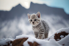 A Cute Short - Legged White Shorthair Baby Leopard Cat On A Snowy Mountain - Generative AI