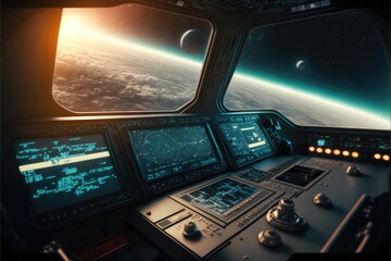 outer view of spaceship window with control system room. abstract discover new planet in space. fine