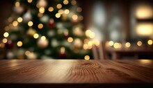 Wood Table On Blurred Christmas Tree Background, Festive Mockup, Dark Wood Table Top, 8k, Realistic Photo, Ultra Hd, High Definition. Generative AI