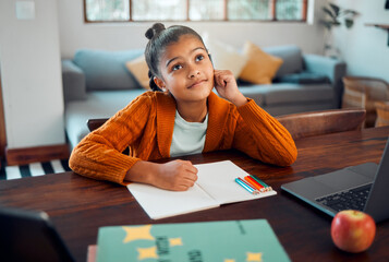 Poster - Education, writing or girl in a house thinking of solutions, learning math problem solving or child development. Ideas, child or young Indian school student busy with homework assessment in notebook