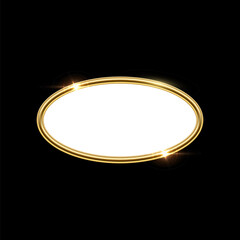 Poster - 3d plate button of ellipse shape with golden frame vector illustration. Realistic isolated website element, golden glossy label for game UI, badge of navigation menu with shiny light effect border