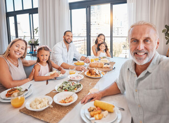 Wall Mural - Big family, lunch selfie and food on table of dining room of modern apartment home for healthy meal, bonding love and celebrate event. Happy mother, father and children with grandparents eat together