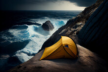 One Tent Pitched On A Cliff Overlooking The Ocean - Generative AI