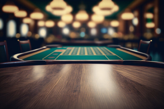 photo of empty table top in front of blurred casino background - generative ai