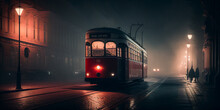Red Tram In The City, 1940, No People, Smoky Lamp Posts, Cobblestone Street - Generative AI